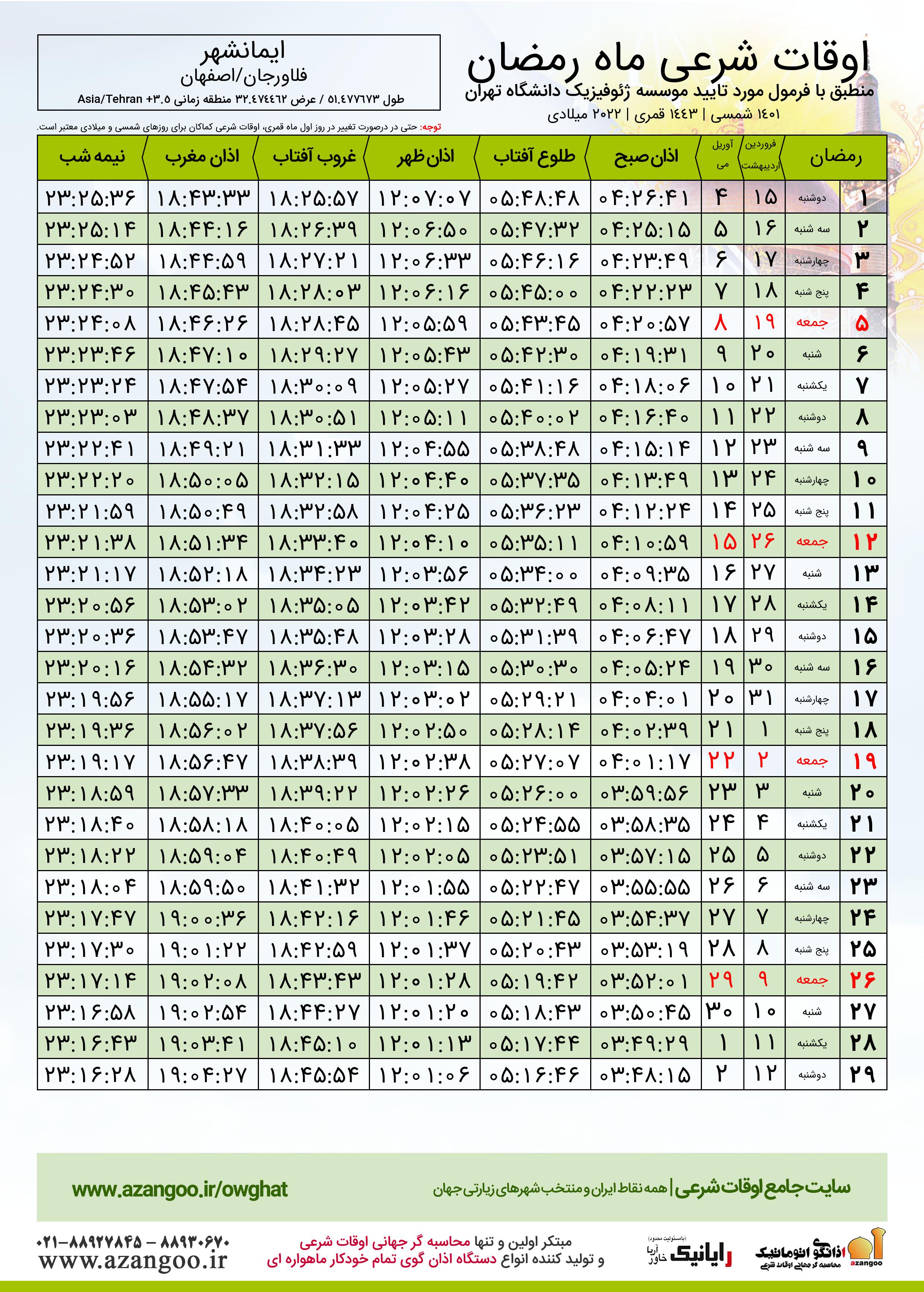 اوقات شرعی ماه رمضان ١٤٠١ شهرایمانشهر + اسفند ١٤٠٠ | جدول ، دانلود |  فلاورجان - اصفهان