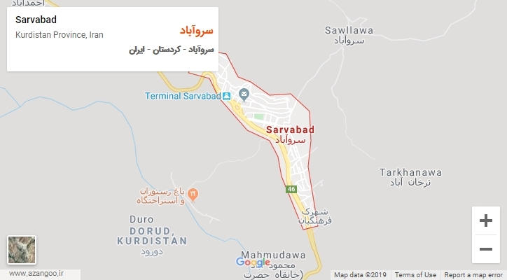 شهر سروآباد بر روی نقشه